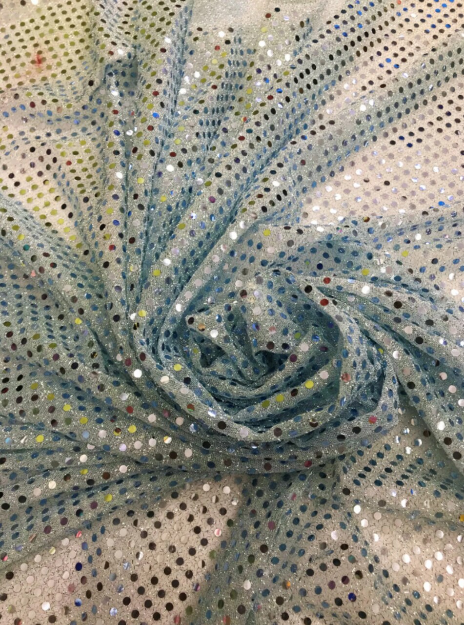 1 Yard Baby Blue Sparkle Dot Mesh Fabric Lightweight Polyester Sequin Overlay 42″ Wide
